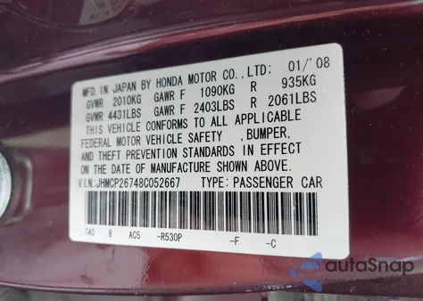 2008 Honda Accord 2.4 Ex z USA, uszkodzony, nr VIN JHMCP26748C052667